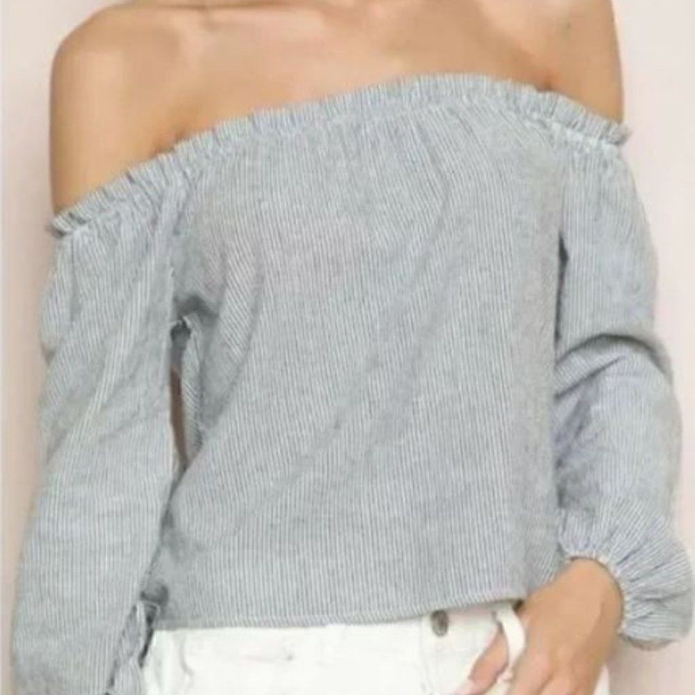 Artisan NY  Off The Shoulder Stripe Cotton Button Down Shirt - Picture 3 of 13